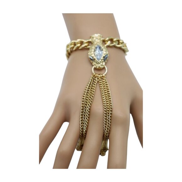 New Women Gold Fashion Bracelet Metal Hand Chain Connected Ring Bling Snake Head - Picture 9 of 17